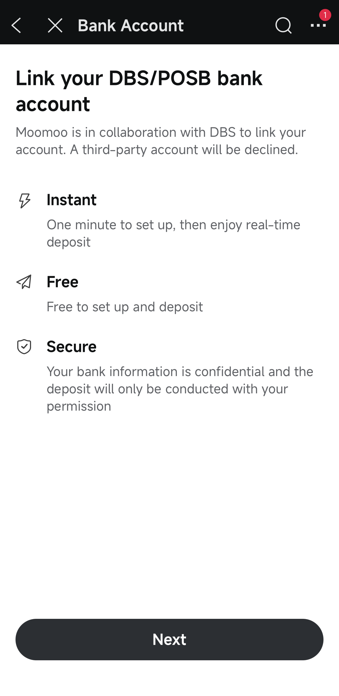 screenshot of setting up moomoo account link DBS POSB Bank accoun