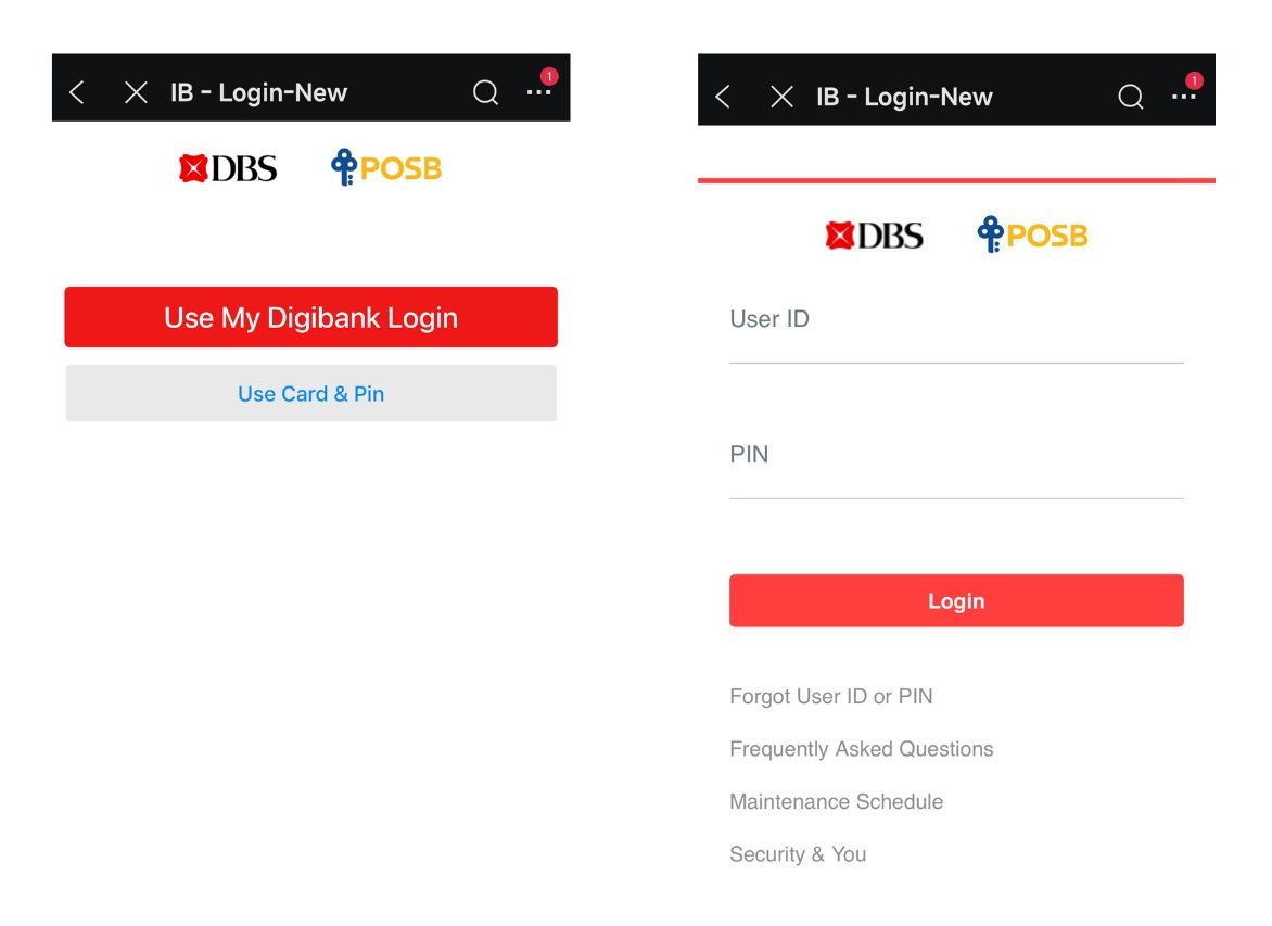 Screenshots of DBS Digibank login pages