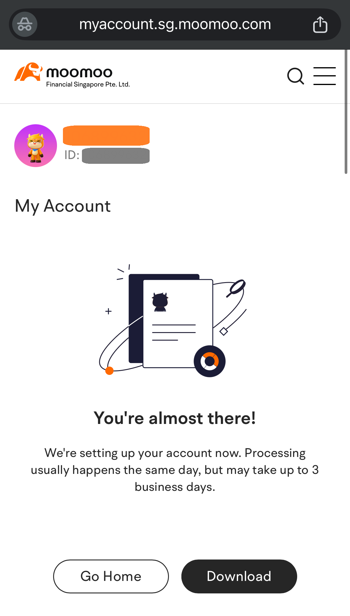 Screenshot of moomoo account setup: download moomoo app