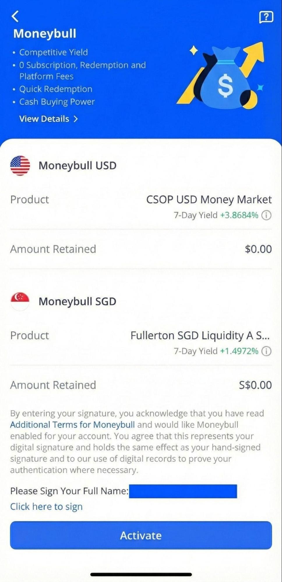 Webull app Moneybull SGD and USD activation page