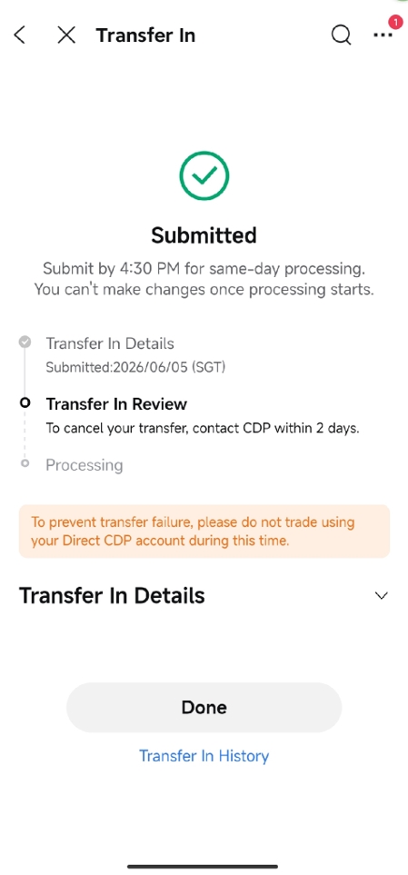 Moomoo app Confirms Transfer Submission