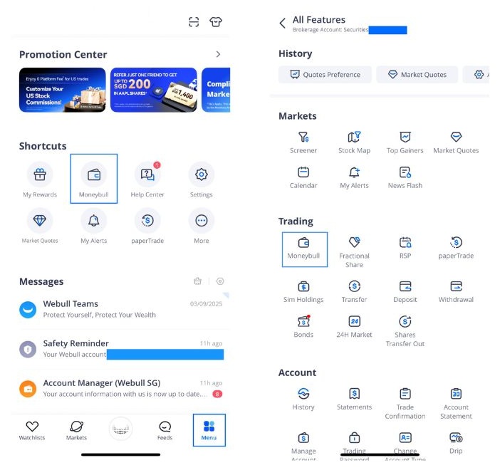 Step one - Navigation to Moneybull in Webull app