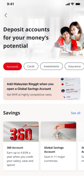 OCBC app’s Accounts page showing the Global Savings Account option and a banner about adding Malaysian ringgit.