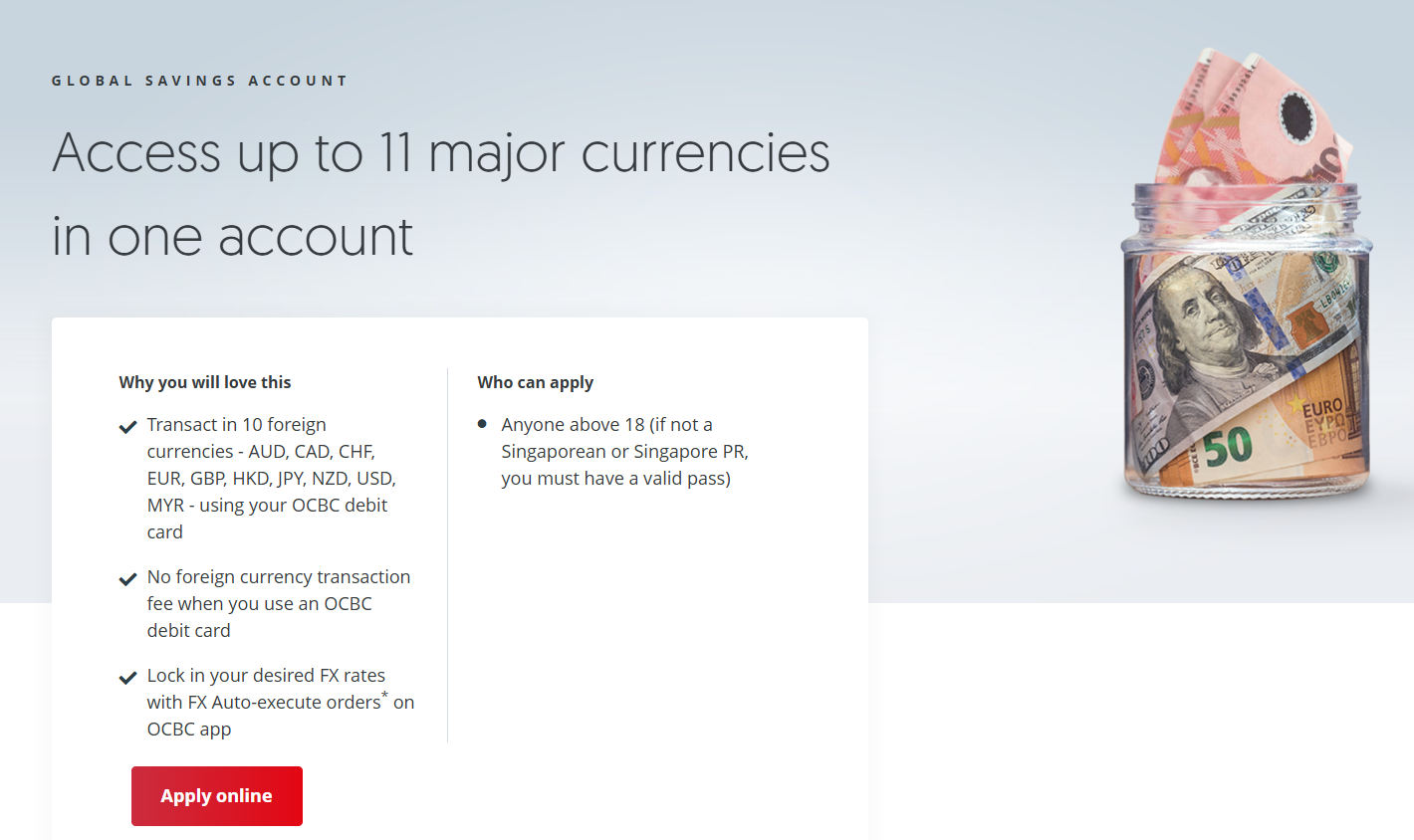 OCBC Global Savings Account webpage showing access to 11 currencies in one account, including Malaysian ringgit.