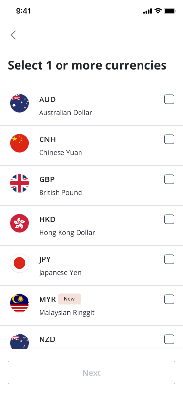 Currency selection screen in the OCBC app showing Malaysian ringgit among the available account currencies.