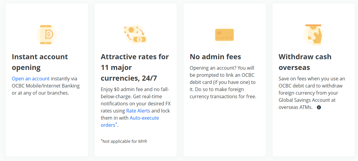 OCBC Global Savings Account features covering instant account opening, currency conversion, debit card transactions and overseas cash withdrawals.