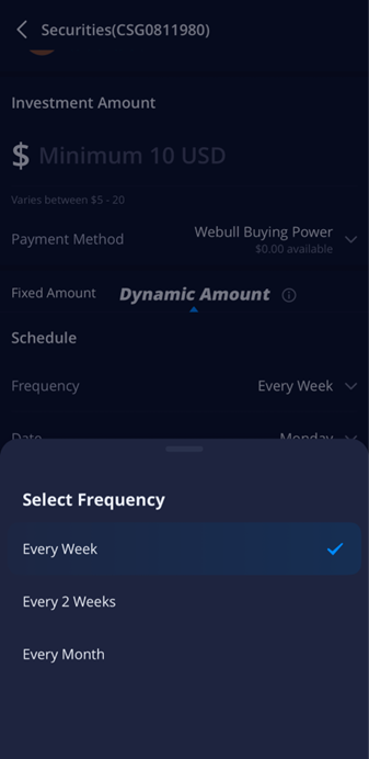 Dynamic Amount Frequency Selection Screen