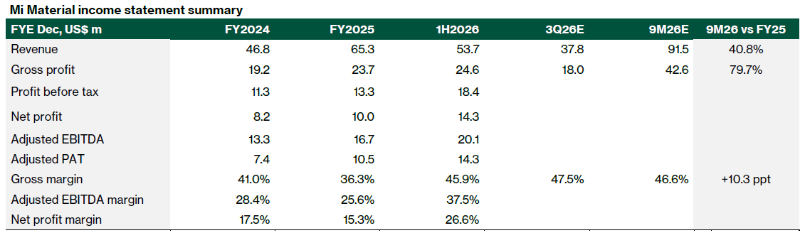 Mi Material income statement summary