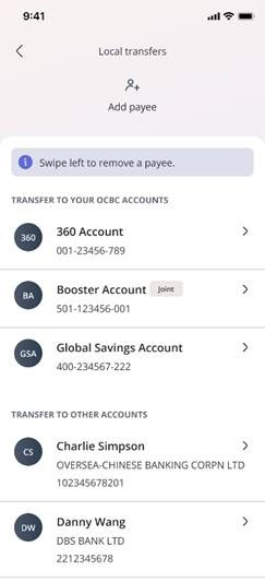 OCBC app’s Local transfers screen showing Global Savings Account as an option for transfers between your OCBC accounts.