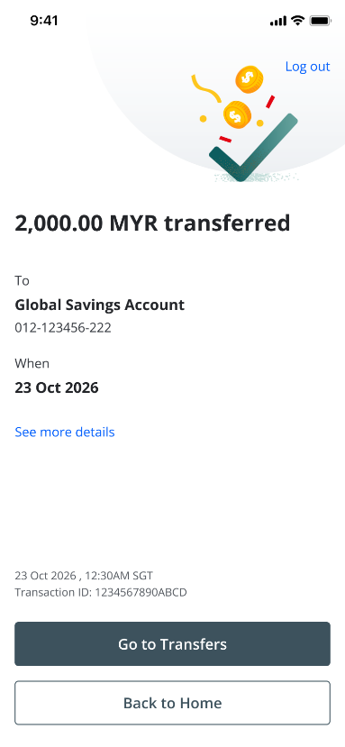 OCBC app confirming a successful transfer of MYR2,000 to a Global Savings Account on 23 October 2026.