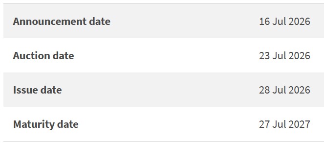one year t-bill issue details 16 july 2026