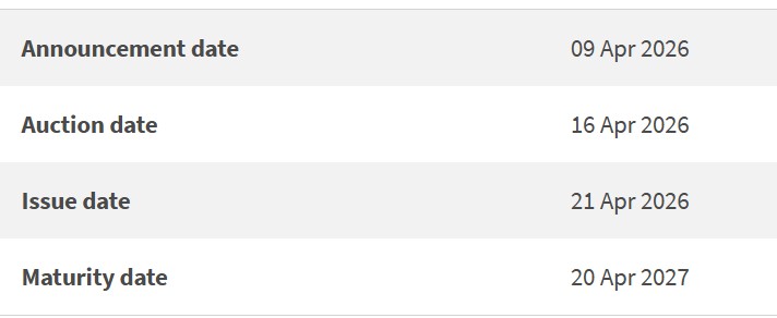 one year t-bill issue details 9 april 2026
