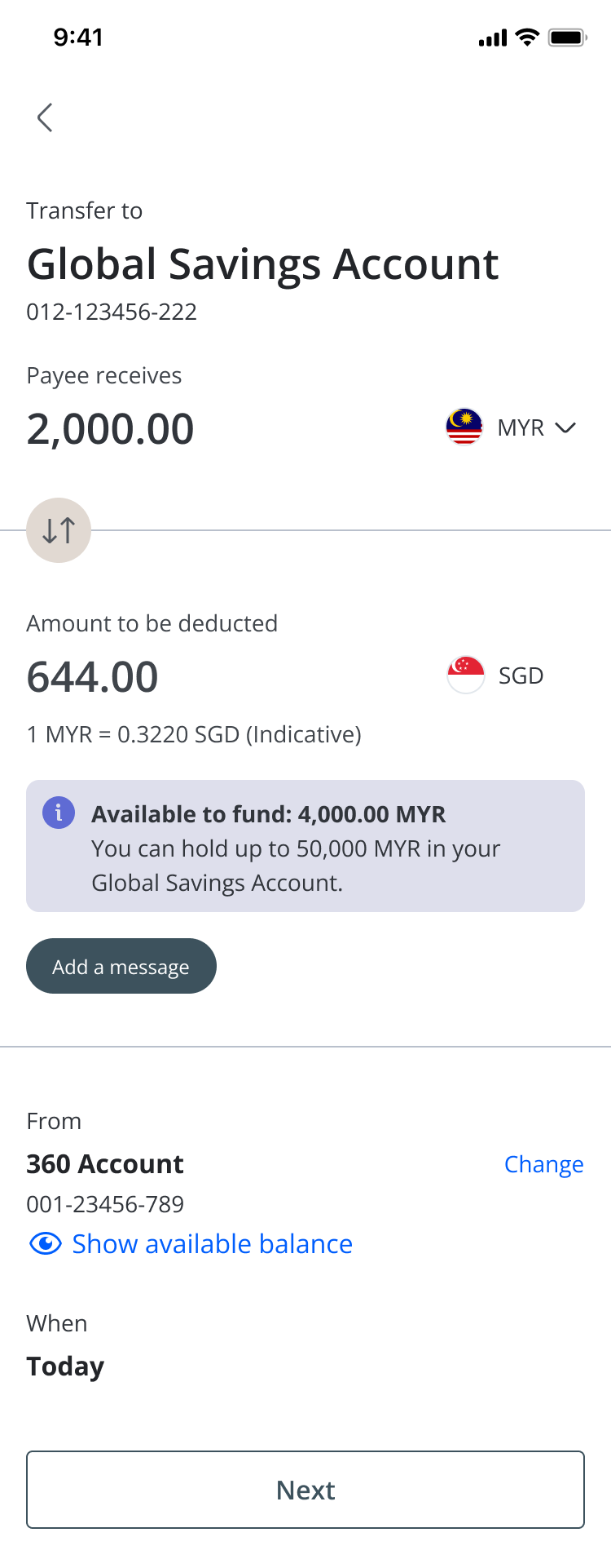 OCBC app showing an example conversion of SGD644 into MYR2,000 for transfer to a Global Savings Account.
